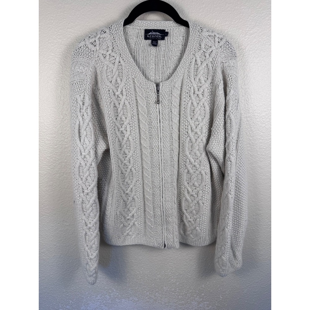 Icelandic Design Silk Angora Cable Knit Zip Cardigan Sweater Womens Large Cream